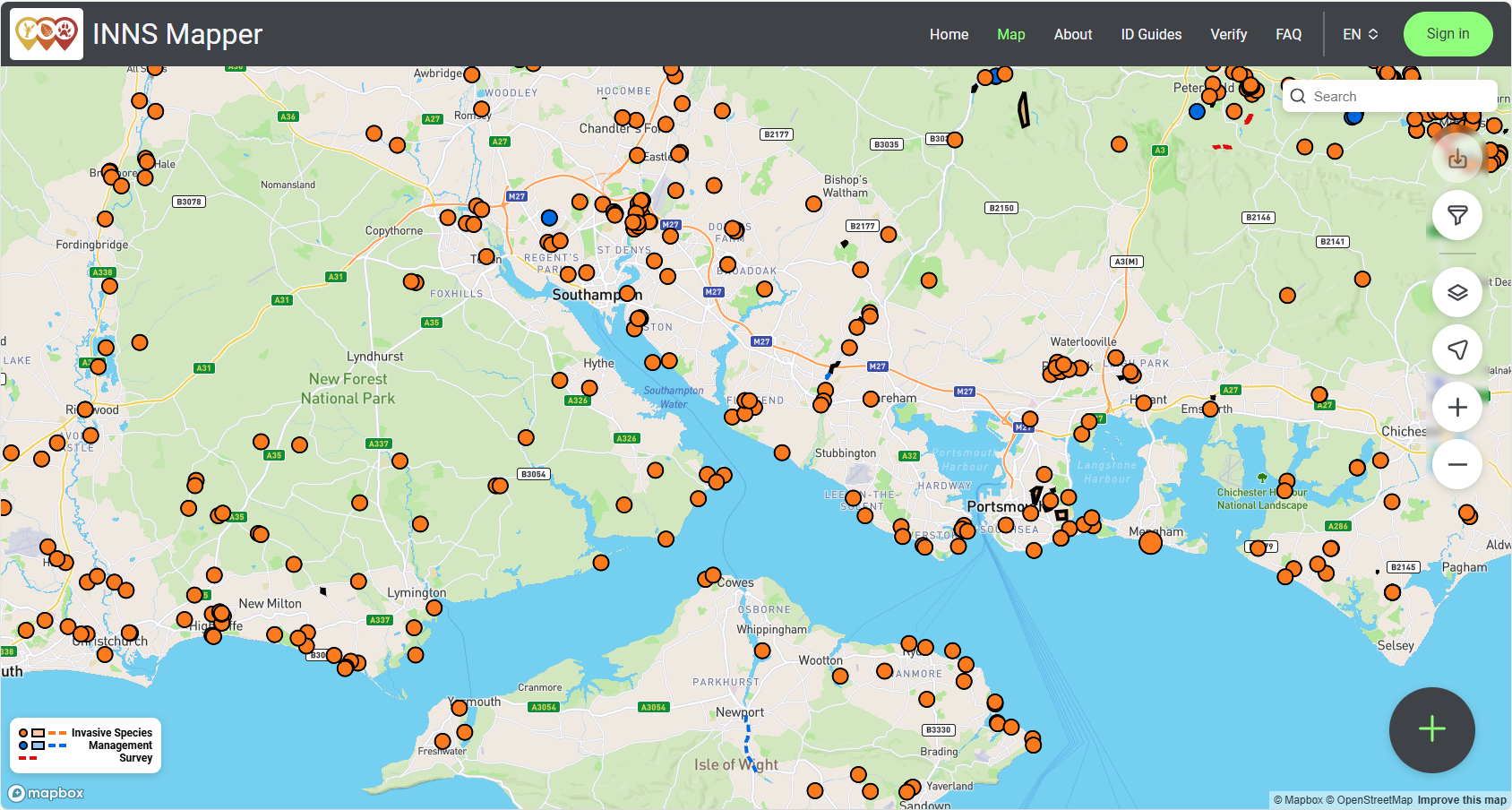 Invasive species in the Solent recorded on INNS Mapper